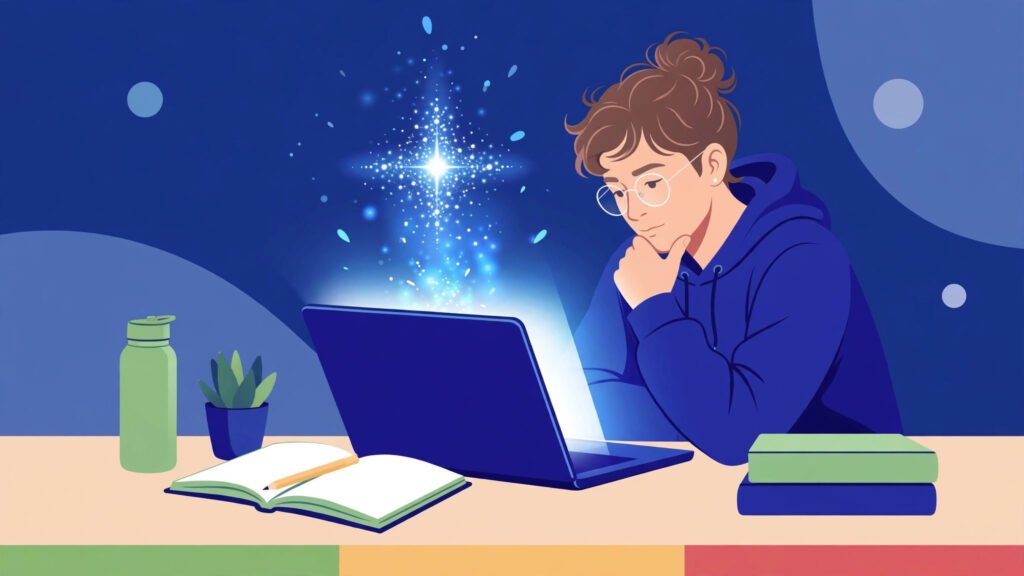 Illustration of a college student studying with a laptop as an AI spark glows above it, with a green-yellow-red bar representing zones of honest AI use