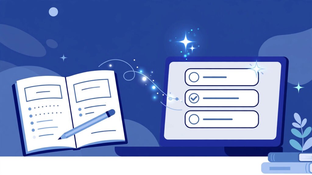 Illustration of a laptop generating quiz questions from a notebook with an AI spark above it