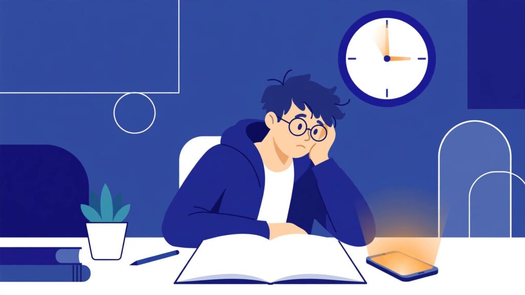 Illustration of a student staring at a blank notebook with a glowing phone nearby and a clock showing passing time