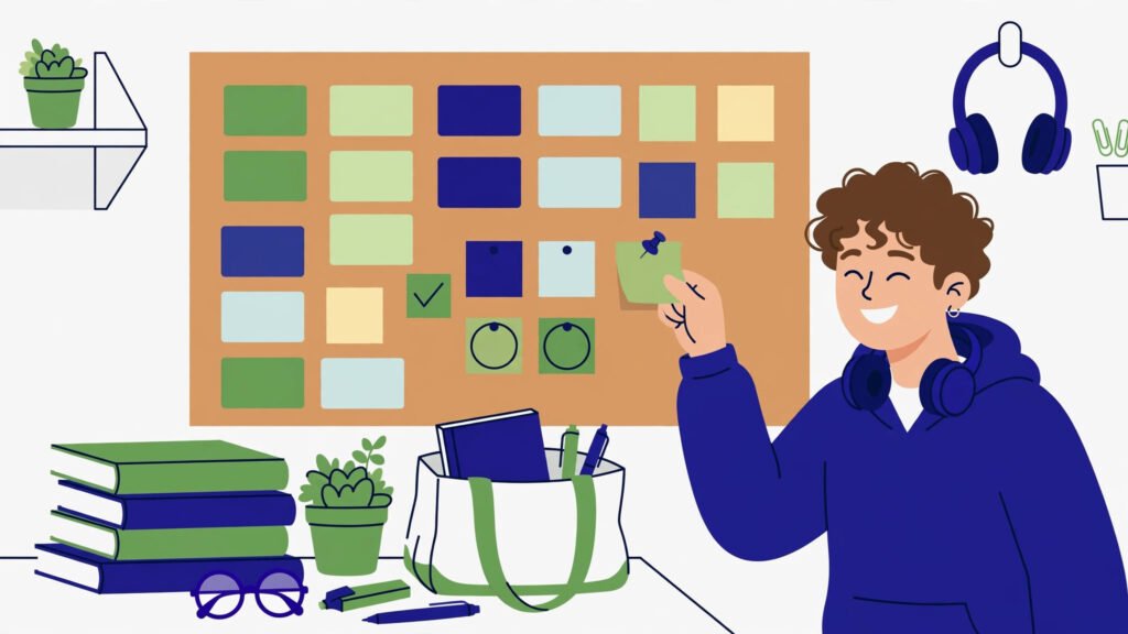 Illustration of a student organizing colorful flashcards on a wall board while learning how to study