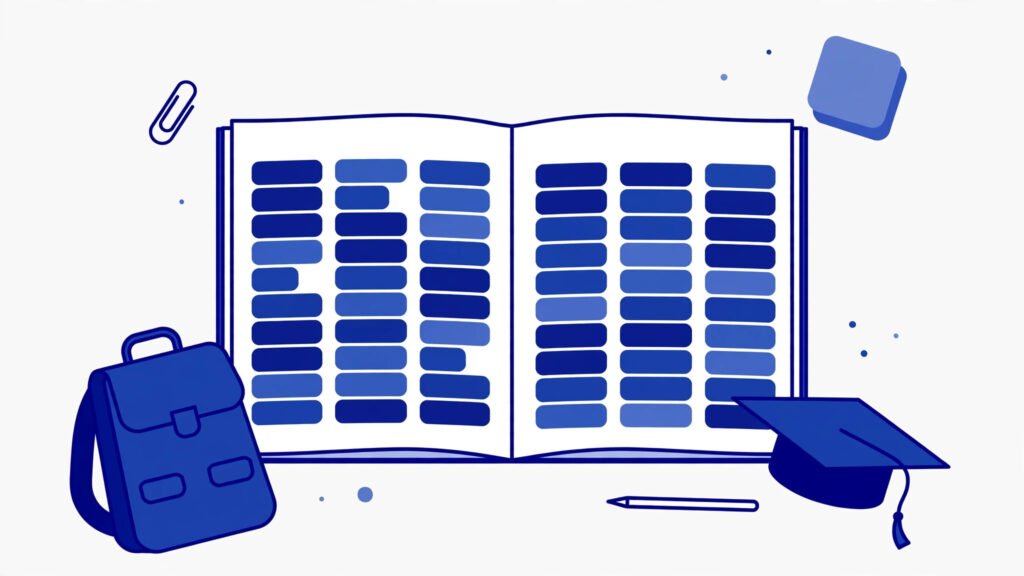 Illustration of a weekly planner with study blocks, a backpack, and a graduation cap
