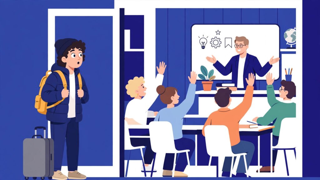Illustration of an international student with a suitcase looking at a lively American college classroom